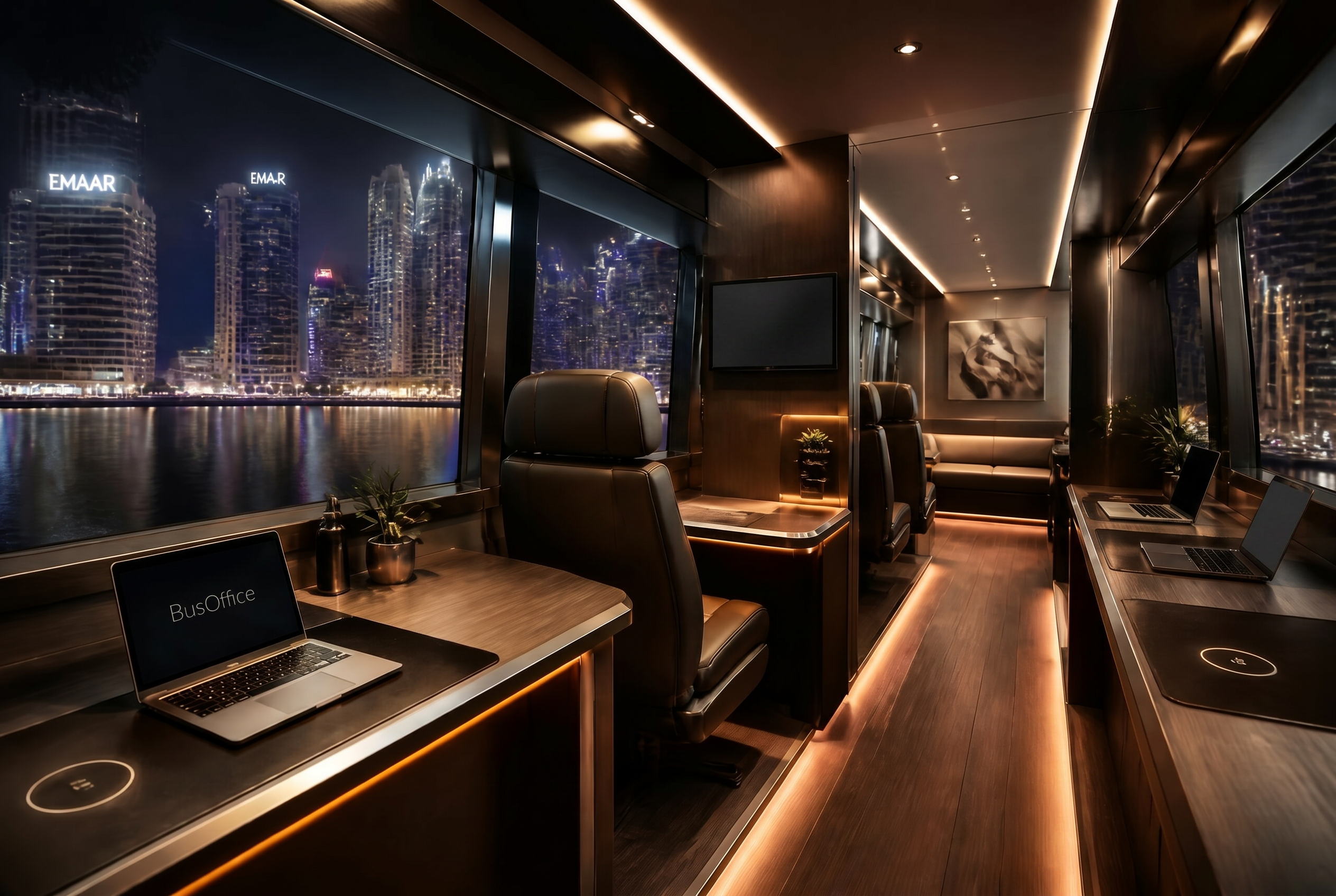 BusOffice cabin overview with Dubai Marina skyline through the panoramic windows